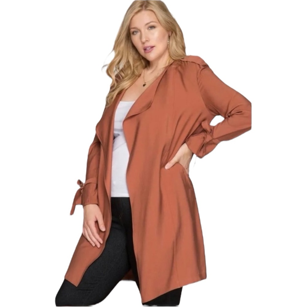 She & Sky Rust Orange Open-Front Tie-Wrist Trench Coat Jacket‎